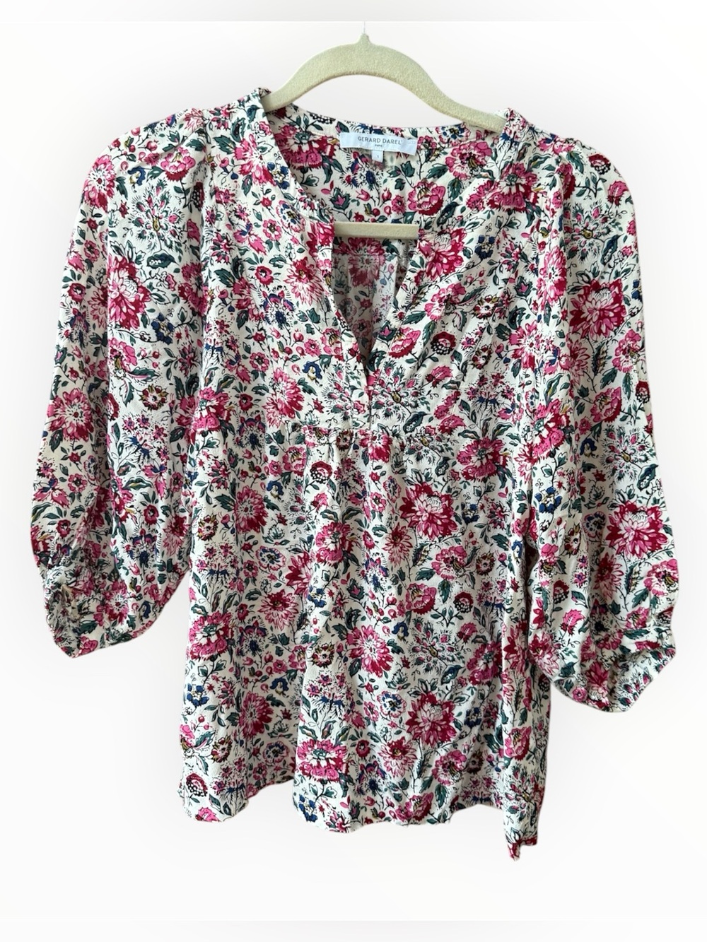 Gerard Darel Paris Pink and White Floral Blouse 1/4 sleeve size 1